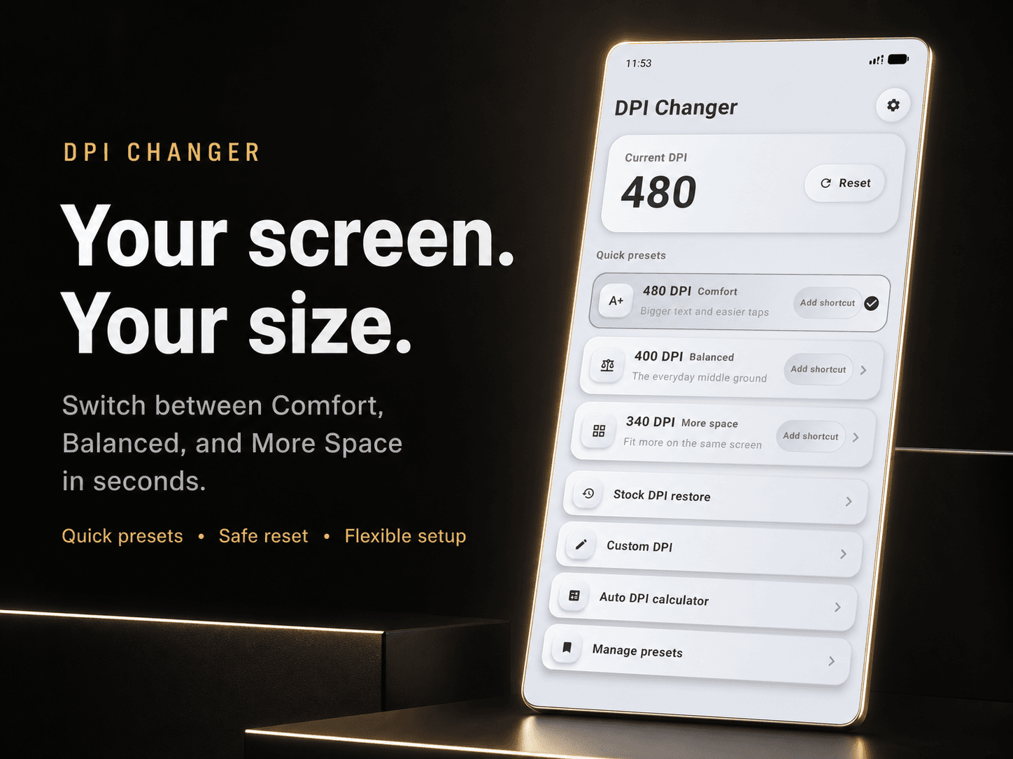 DPI Changer showing Comfort, Balanced, and More Space quick presets