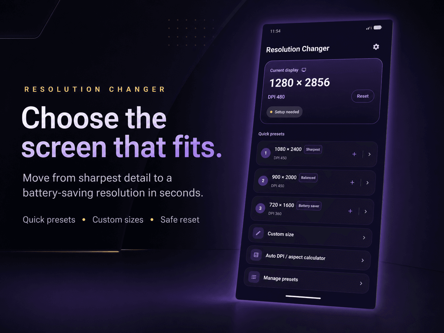 Resolution Changer showing Sharpest, Balanced, and Battery saver presets